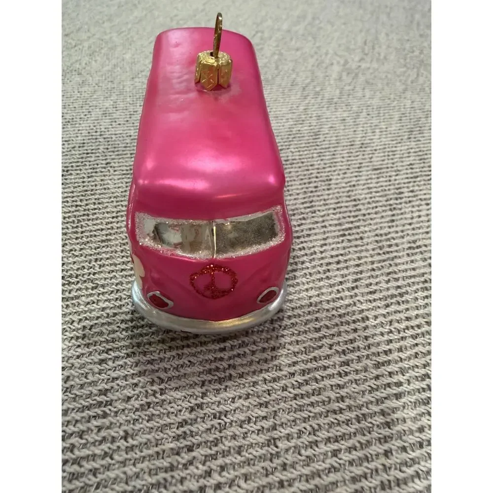 Hippie Bus Glass Christmas Ornament Pink Retro Van Peace Flower Power.